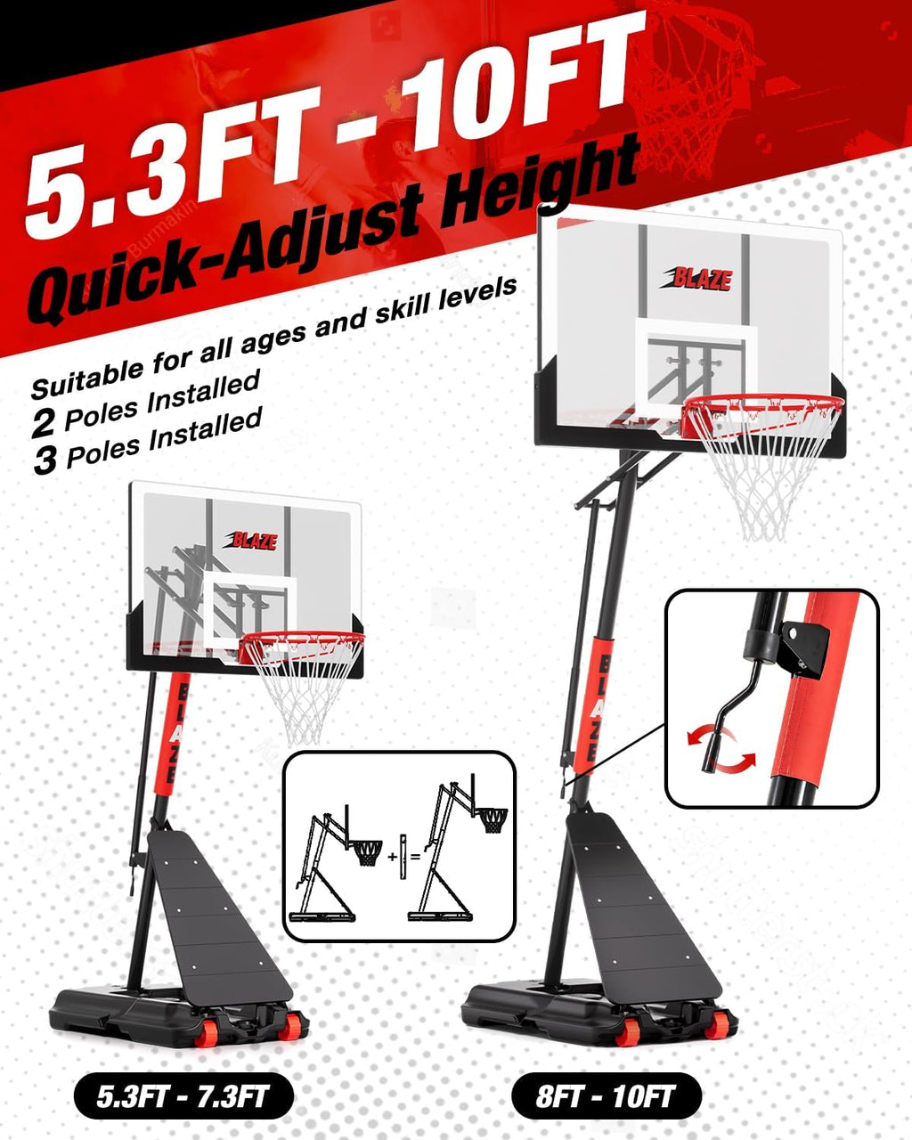 Skiennix Basketball Hoop - Height Adjustable 5.3-10ft Portable Goal System with 45-Inch Shatterproof Backboard