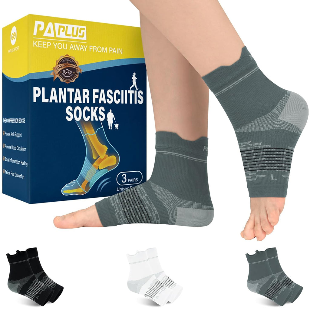 PAPLUS Plantar Fasciitis Socks - Ankle Compression Sleeves for Pain Relief | 3 Pairs for Men & Women