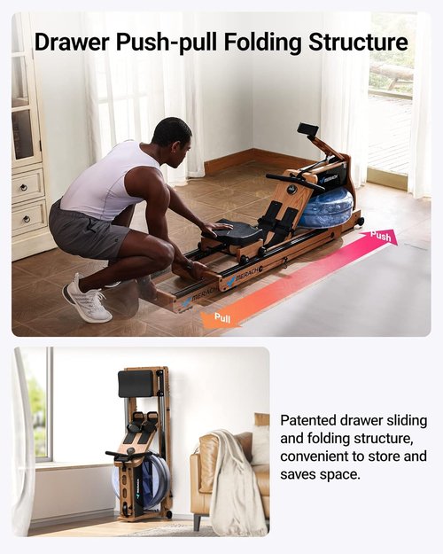 MERACH Foldable Wooden Rowing Machine, Water Electromagnetic Rower Machine for Home Use, Exclusive App Lifetime Membership, Patented Space Saver, MERACH Go Technology, 950