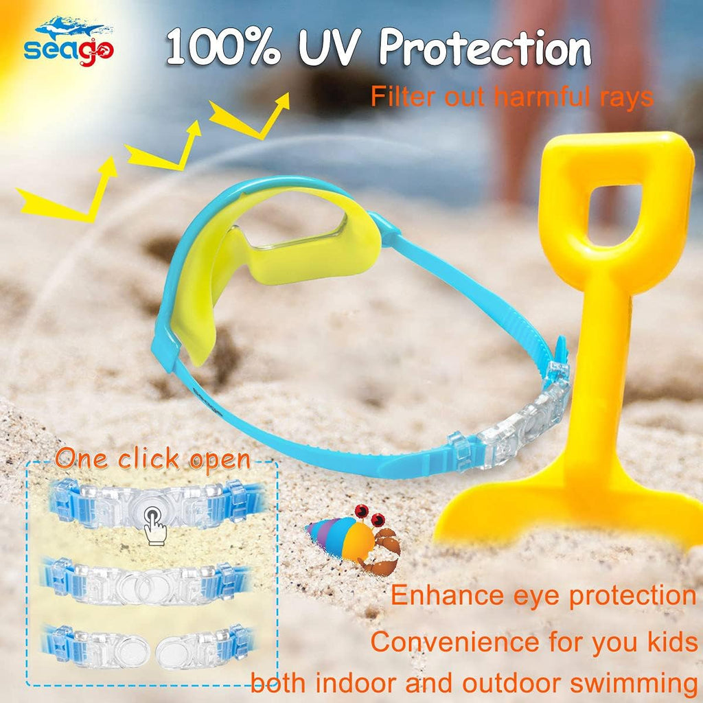Seago Swim Goggles - Anti-Fog & Anti-UV Wide View Design for Kids Ages 3-14 | 2 Pack