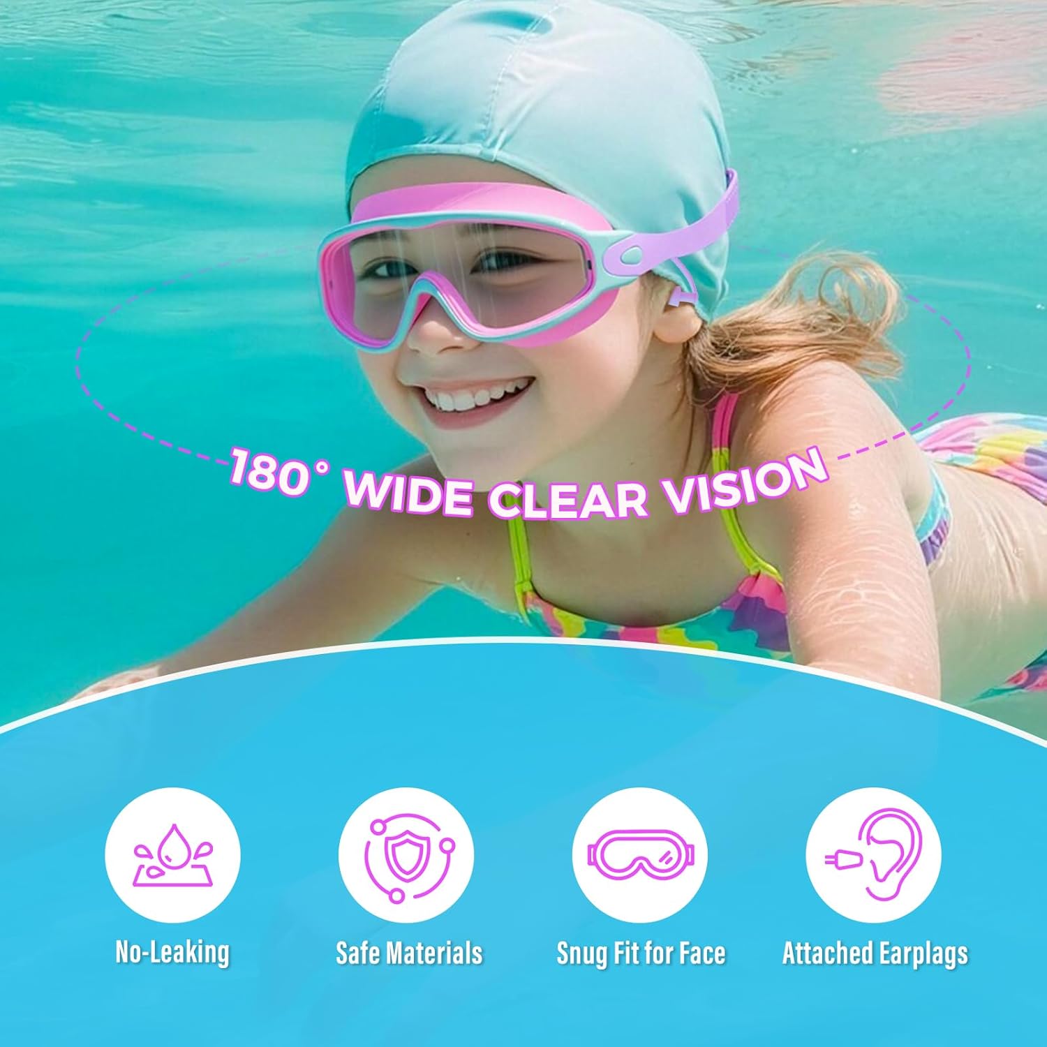 Skiennix Swimming Goggles - Anti-Fog UV Protection with Earplugs | Large Frame for Kids 4-12