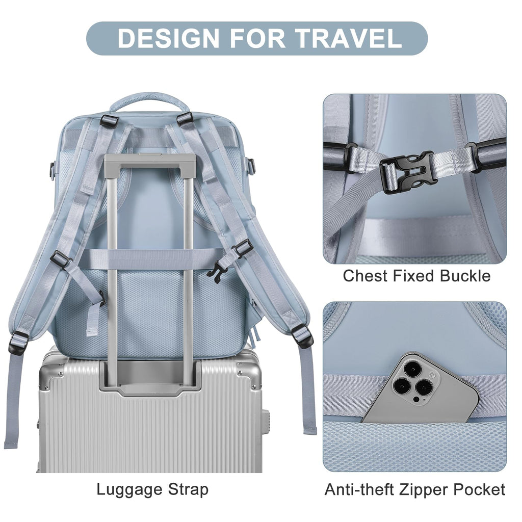 Large Travel Backpack Carry on Flight Approved Mochila De Viaje Carry on Backpack for Airplanes Spirit Airlines Personal Item Bag 18x14x8 Inches Travel Bag Traveling Backpack for Women Men Grey Blue