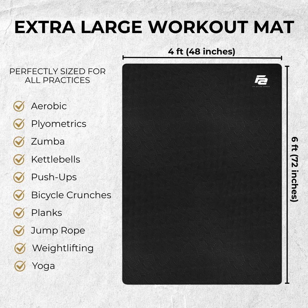 Fit Active Sports Oversized 6’ x 4’ Extra Large Workout Mat with Carry Bag & Straps — Heavy-Duty, Non-Slip Exercise & Equipment Large Mat for Home Gyms, Lifting & Training, Roll-Up | Black