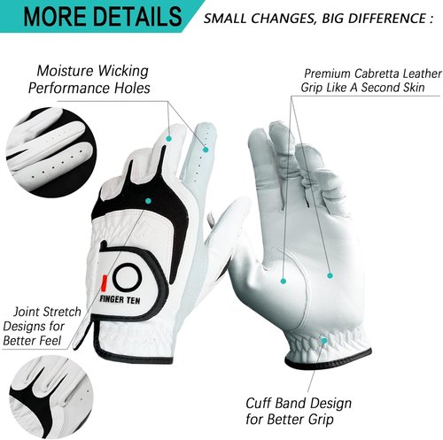 FINGER TEN Premium Golf Gloves - Cabretta Leather, All-Weather Grip, 3 Pack, Sizes S-XL for Men