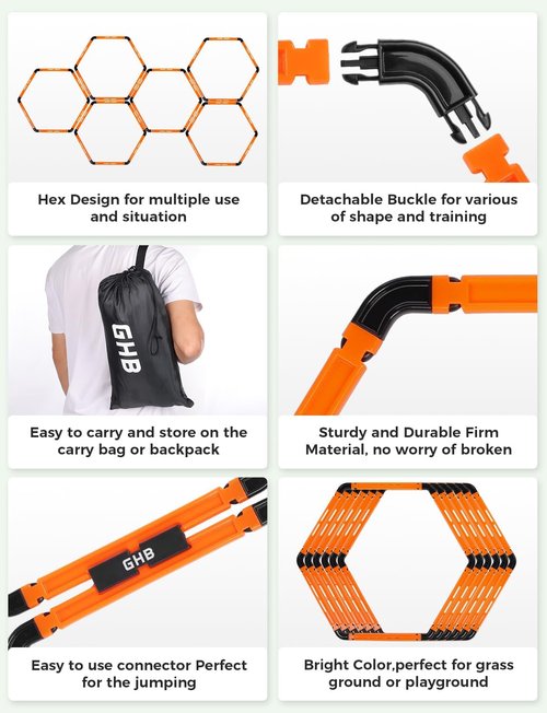 GHB Hex Agility Rings - Speed Training Hurdles with Carrying Bag | 6 Portable Hexagon Rings (Orange)