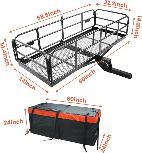 Hitch Cargo Carrier - 60" x 24" x 14.4" Folding Rear Luggage Rack | 510 lbs Capacity with Waterproof Bag & Straps