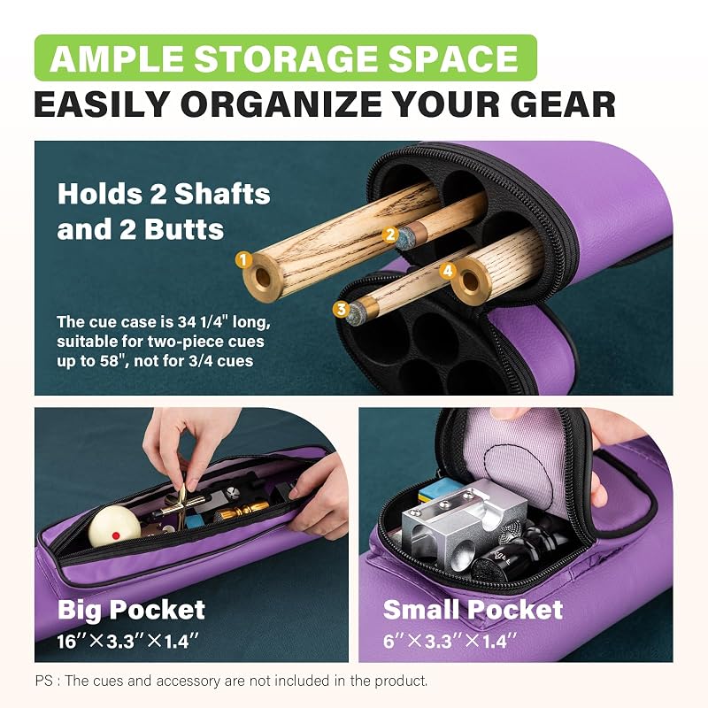 Trymaker Purple 2-Piece Pool Cue Case Up to 58" – 2 Cues, 2 Shafts Hard Billiard Bag