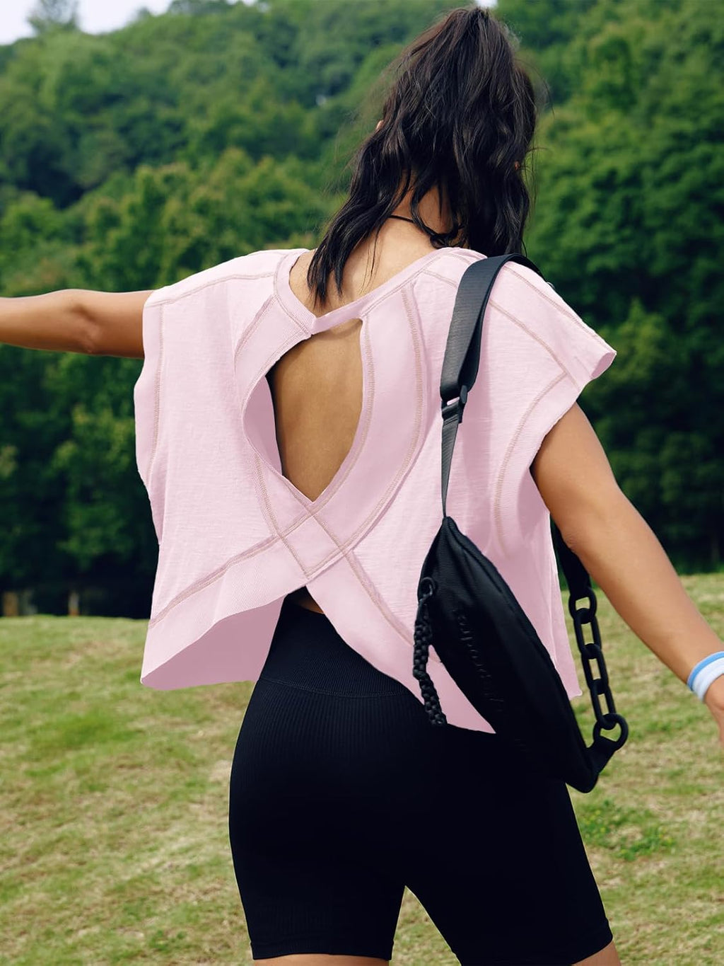 SENSERISE Women's Backless Workout Top - Short Sleeve Athletic Crop Shirt for Gym & Yoga