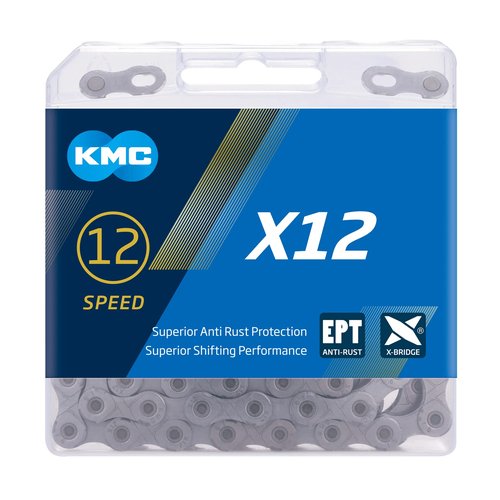 KMC X12 Chain 12-Speed | Mountain Bike/Road/Gravel | Shimano & Campagnolo Compatible | 126 Links, Missing Link Included | Silver
