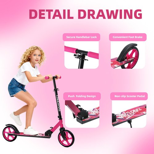 FREEDARE Kick Scooter for Kids Ages 8+, Foldable Kids Scooter with 2 Big 8-inch Wheels and 4-Level Adjustable Handlebar, Max Load 220 LBS, Pink