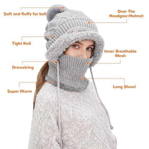 3 in 1 Beanie Hat for Women, Womens Knitted Hat in Autumn and Winter, Outdoors Fleece Lined Beanie Hat Scarf Mask Set (Black)
