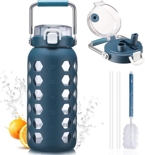 MUKOKO 64oz Glass Water Bottle - Half Gallon with Straw, Time Marker & Silicone Sleeve - Blue