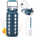 MUKOKO 64oz Glass Water Bottle - Half Gallon with Straw, Time Marker & Silicone Sleeve - Blue