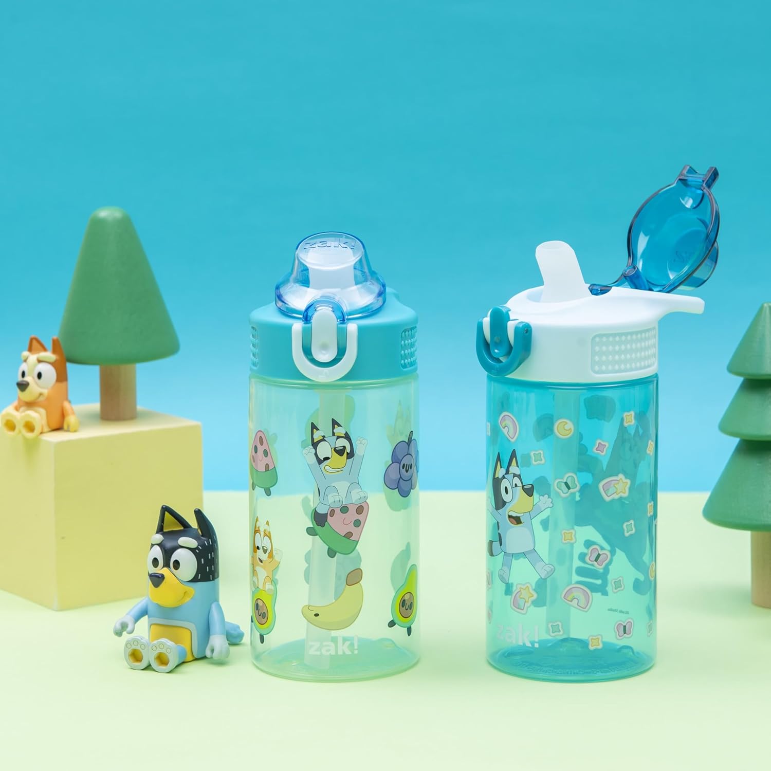 Zak Designs Bluey Sage Kids Water Bottle - Durable 16oz Plastic with Straw & Leak-Proof Cover | 2-Pack Set