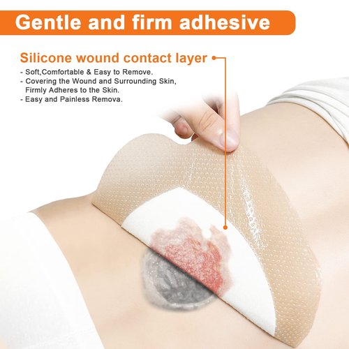 Carbou 5Pcs Silicone Foam Dressing 7" x 7" (17.5cmx17.5cm) - Wound Care Sacrum Foam Dressing with Border Adhesive Waterproof Central Ultra Absorbent-Foam(4.9" X 4.9")Waterproof Silicone Wound Bandage