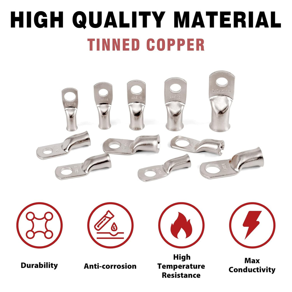 Sanuke 10-Pack 8 AWG Tinned Copper Wire Lugs - Marine Grade Battery Cable Ends with Heat Shrink Tubing
