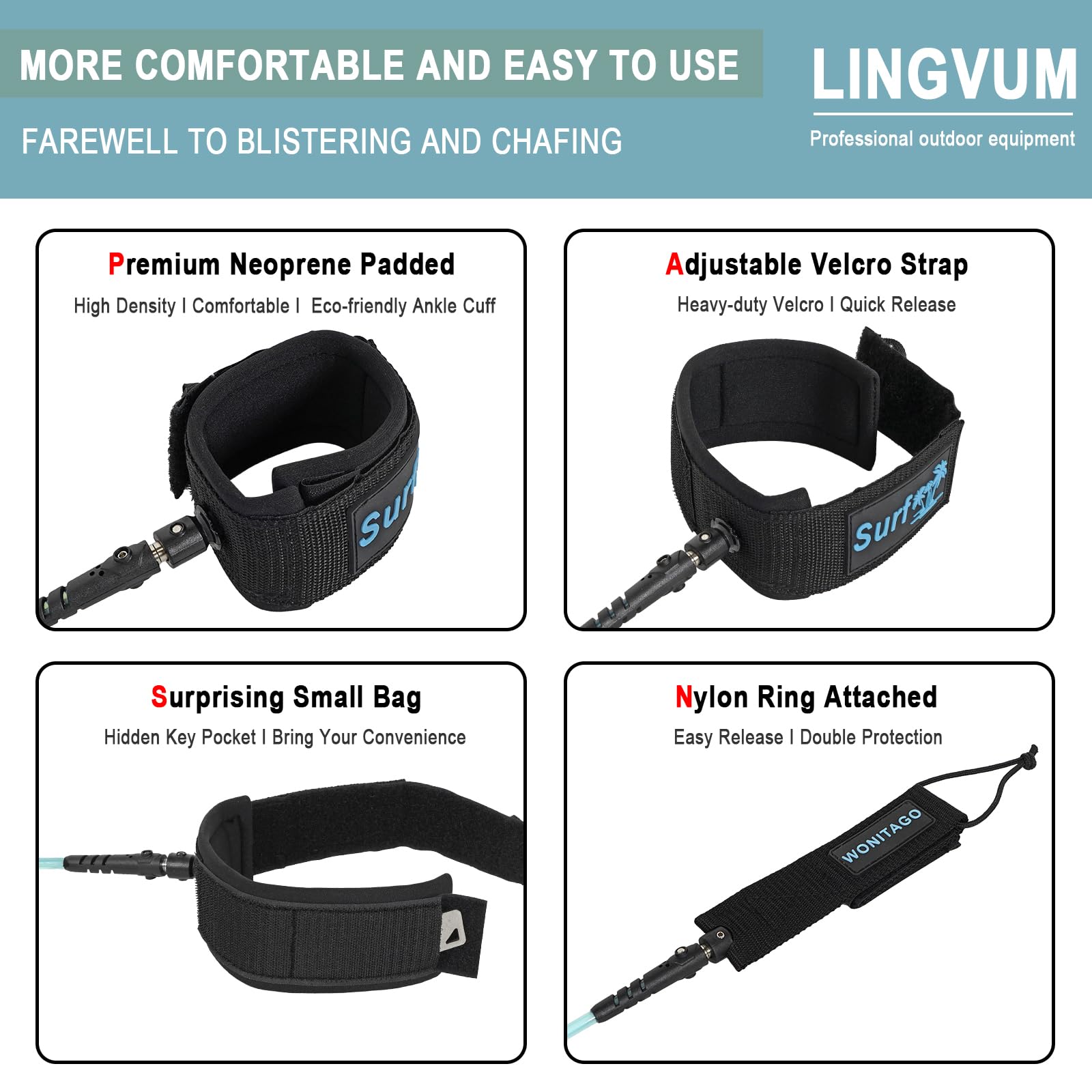 LINGVUM Surfboard Leash Premium Straight Surf Leash SUP Leg Rope 6/7/8/9 feet for Any Surfboards, Longboard, Paddleboard and Shortboard (Green,8FT)