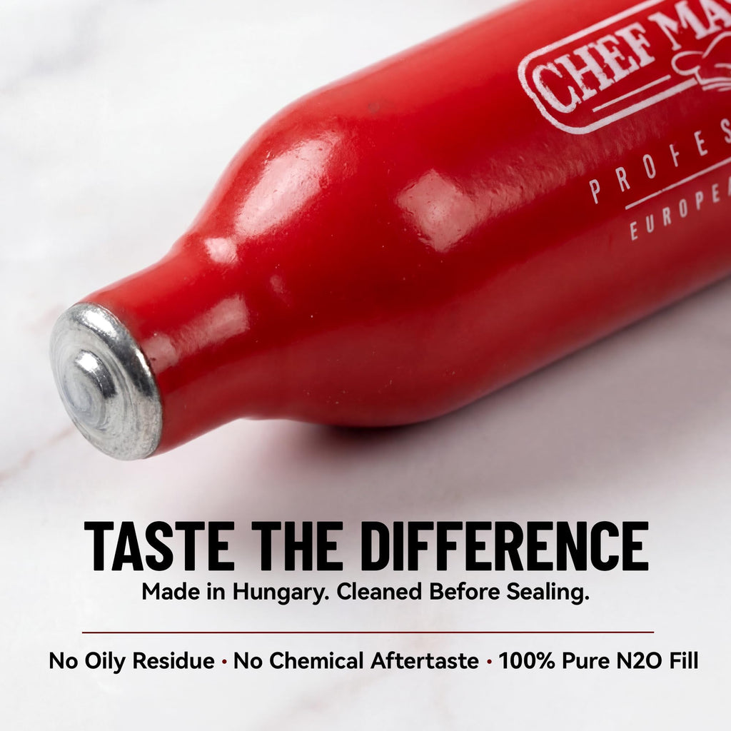 Chef Master 10 Pack N20 Whipped Cream Chargers - 8g Professional Nitrous Oxide Cartridges - Premium Whip Cream Charger Cartridge - Made in EU - Food-Safe Steel & Universal Fit for Dispensers - 90060