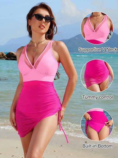 Blooming Jelly One-Piece Swim Dress - Tummy Control & Slimming Mesh Sarong Wrap - Stylish Bathing Suit