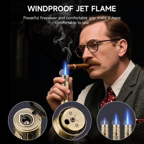 XIFEI Torch Lighter, 4-in-1 Cigar Lighter with Jet Flame, Punch, Holder, Draw Enhancer, Windproof Refillable Butane Lighters, Multi-Functional Cigar Accessories Gift for Men (Bronze)