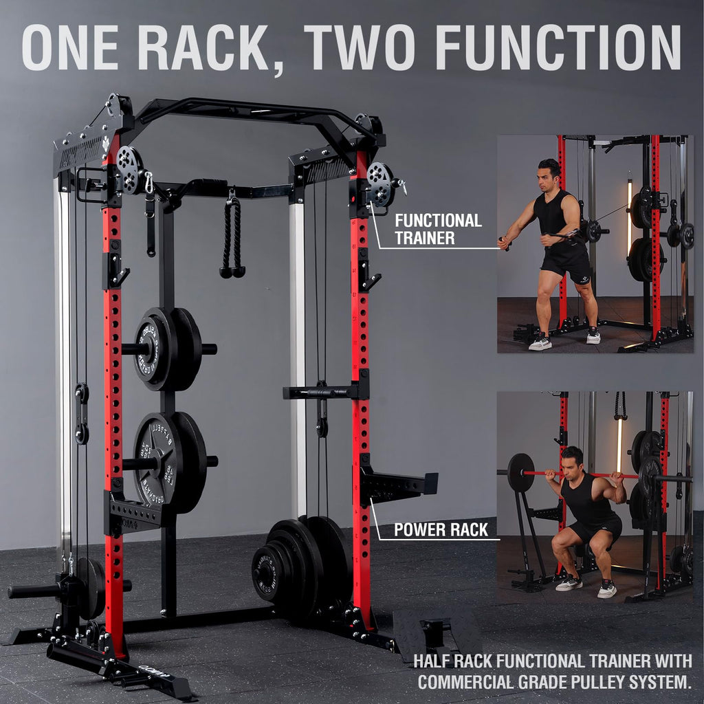 Mikolo Power Cage, 2000LB Power Rack with Independent Dual Pulley System, Multi-Function Home Gym Workout Machine for Cable Crossover (Red)