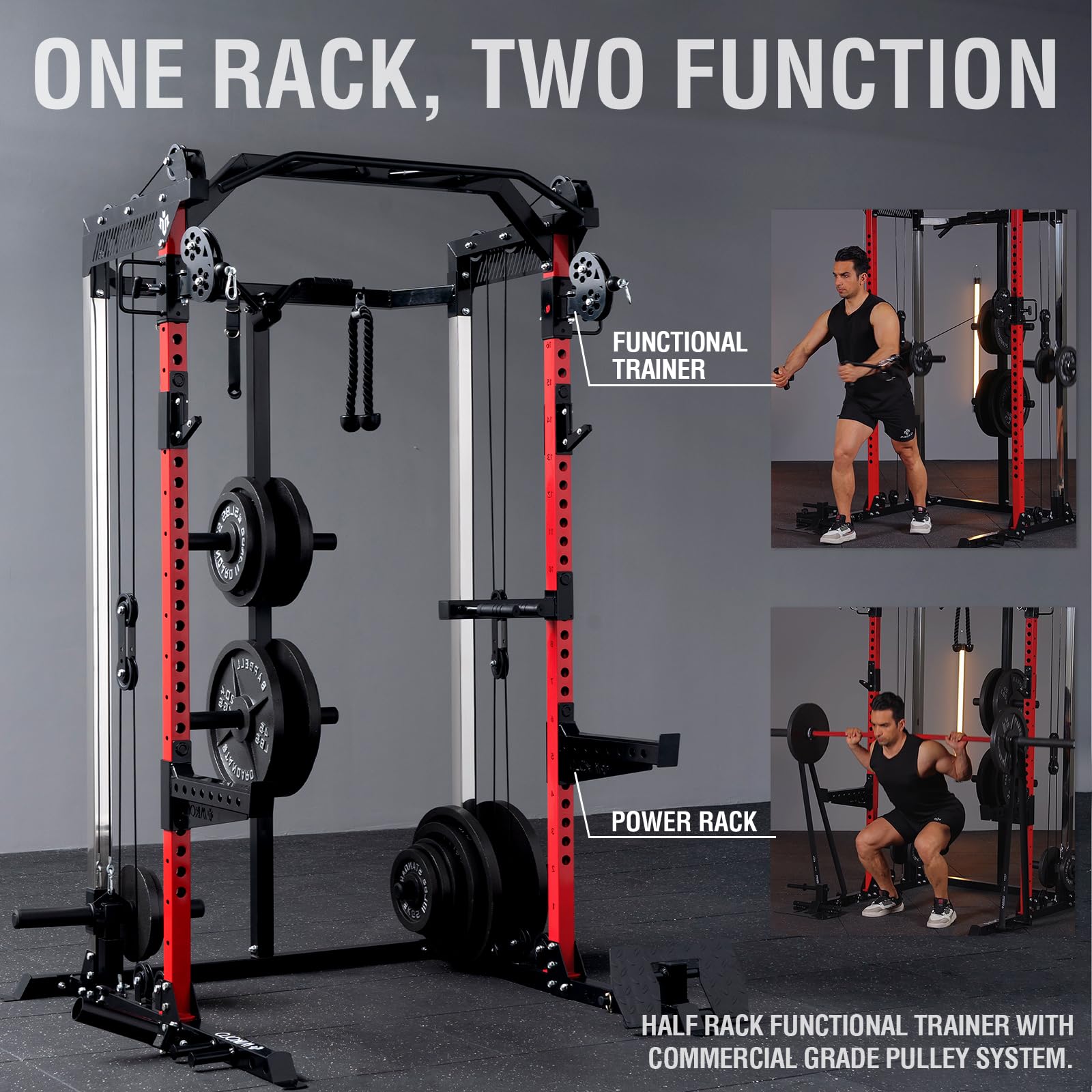 Mikolo Power Cage, 2000LB Power Rack with Independent Dual Pulley System, Multi-Function Home Gym Workout Machine for Cable Crossover (Red)