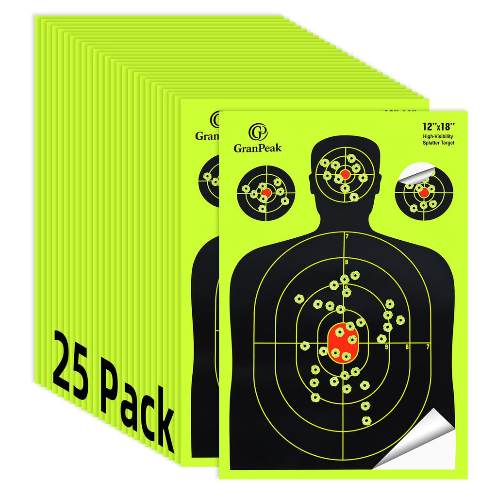 GranPeak 12 x18 inch, Silhouette Splatter Targets, Adhesive Shooting Targets, Shots Burst Bright Fluorescent Yellow, Great for All Firearms (25 Pack)