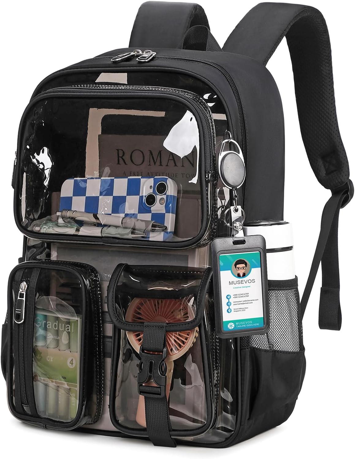 Skiennix Clear Backpack - Heavy Duty Transparent Bookbag for School | Semi-Black with Badge Holder