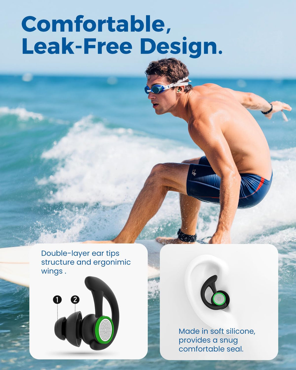 Ear Plugs for Swimming – 2 Pairs Soft Silicone Reusable Waterproof Earplugs for Adults & Men Women, Custom Fit for Swimmers Ear, Pool, Beach, Snorkeling, Surfing, Kickboard Training(Black)