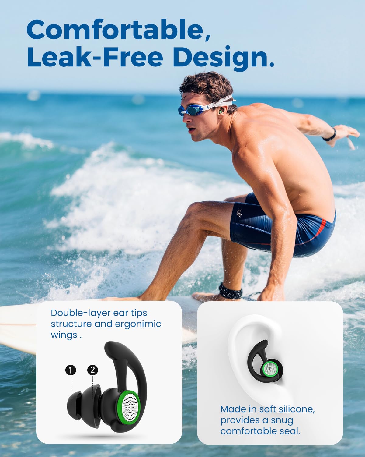 Ear Plugs for Swimming – 2 Pairs Soft Silicone Reusable Waterproof Earplugs for Adults & Men Women, Custom Fit for Swimmers Ear, Pool, Beach, Snorkeling, Surfing, Kickboard Training(Black)