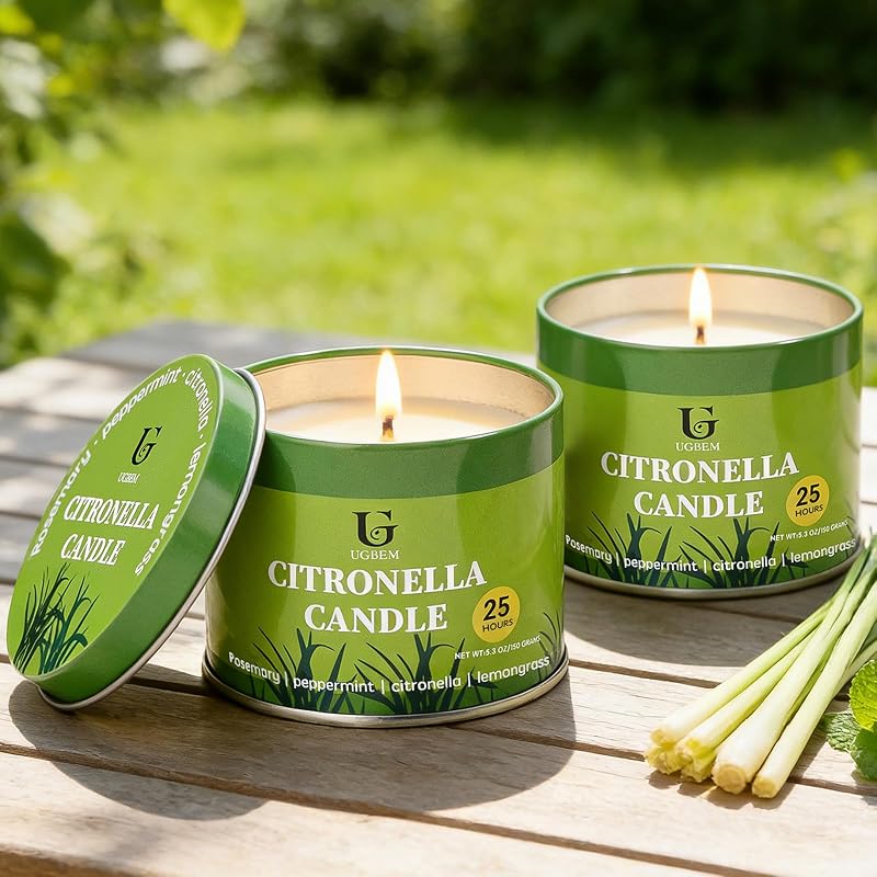 Citronella Candles Outdoor 5.3 oz Tin - 2 Pack, Up to 26 Hours Each, 100% Soy