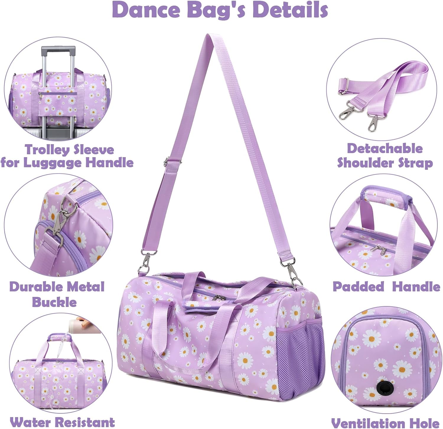 Skiennix Duffle Bag - Purple Daisy Dance Gym Bag with Wet & Shoe Compartments | Perfect for Travel & Sleepovers