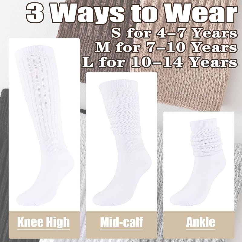 Girls Slouch Socks 3 Pairs Knee High Warm Knit Scrunch Boot Socks White