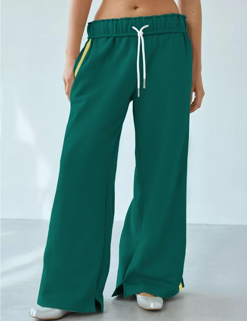 Jianzhixiao Women's Fleece Jogger Sweatpants Double Striped Athletic Track Pants High Waisted Wide Leg Pockets(DarkGreen-S)