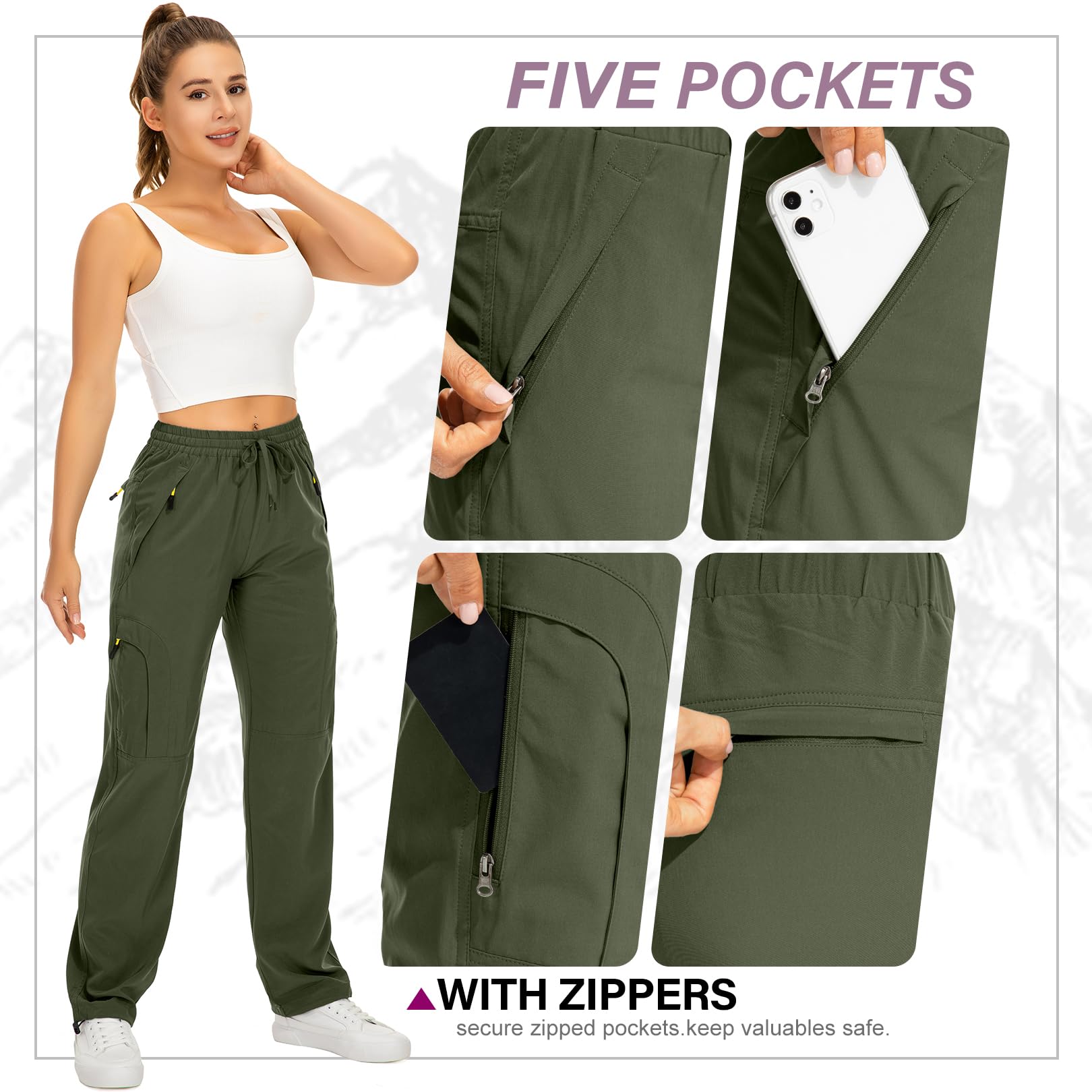 Womens Hiking Pants Quick Dry UPF 50 Lightweight Travel Golf Cargo Safari Pants Zipper Pockets,6608,Army,Petite XL