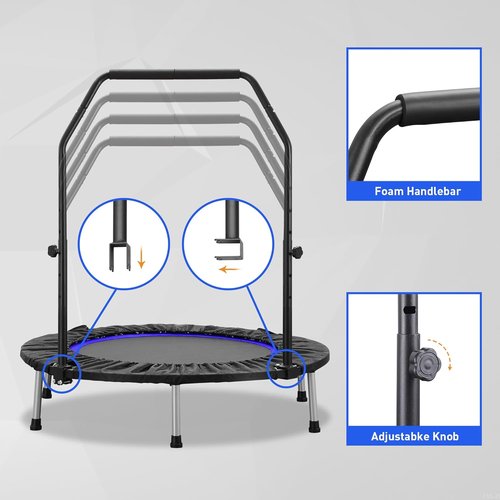 HYD-Parts Mini Trampoline for Adults & Kids - Adjustable Bar, Indoor Fitness Rebounder | Max Load 440lbs