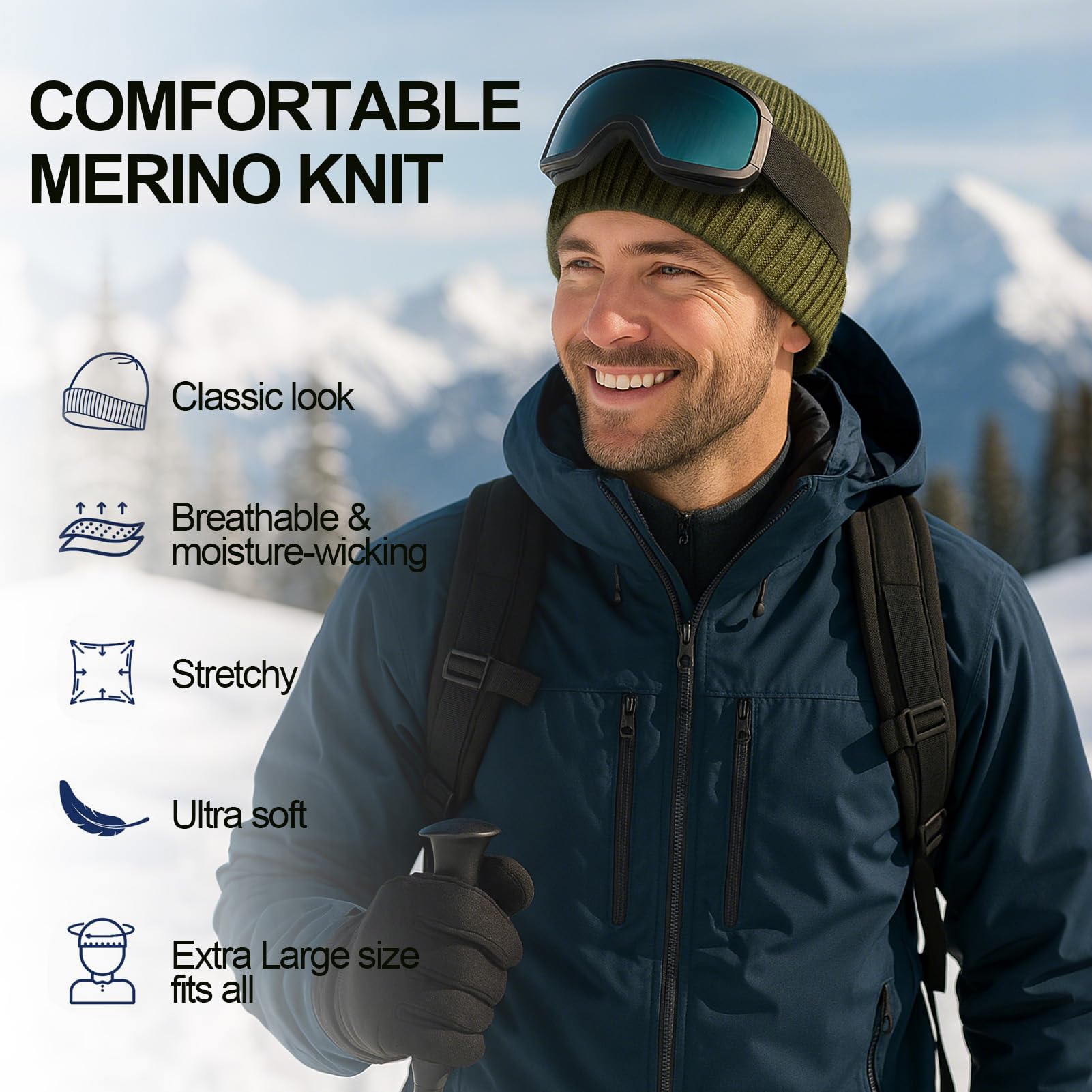 Oversized L/XL/XXL Merino Wool Beanie Hat for Men Big Head Cuffed Watch Cap Warm Soft Knit Winter Hat Black