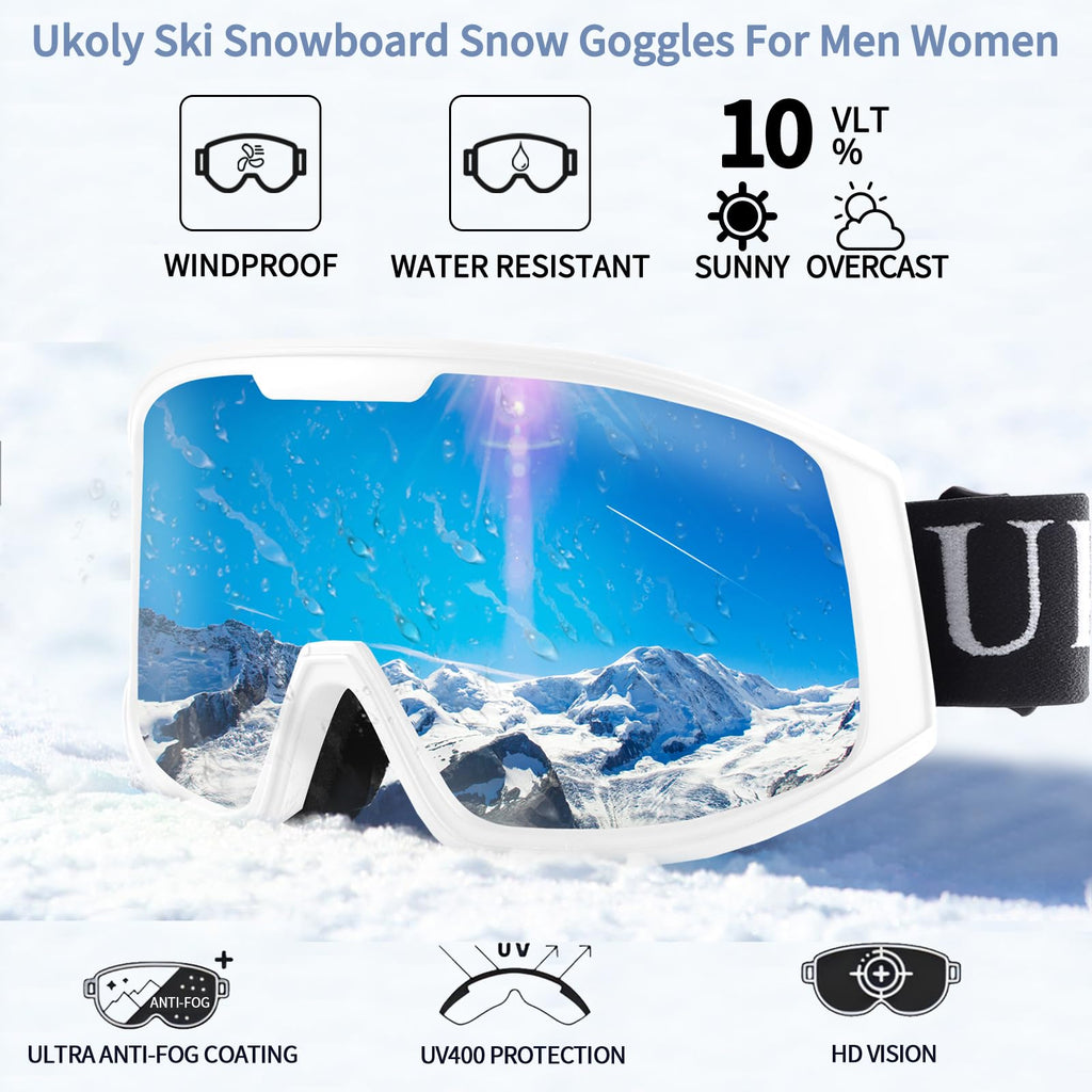 Ukoly Ski/Snowboard Goggles for Men Women, Snow Goggles HD Lens Anti-Fog Coating OTG Design UV400 Protection Windproof (White Frame Silver HD Lens)