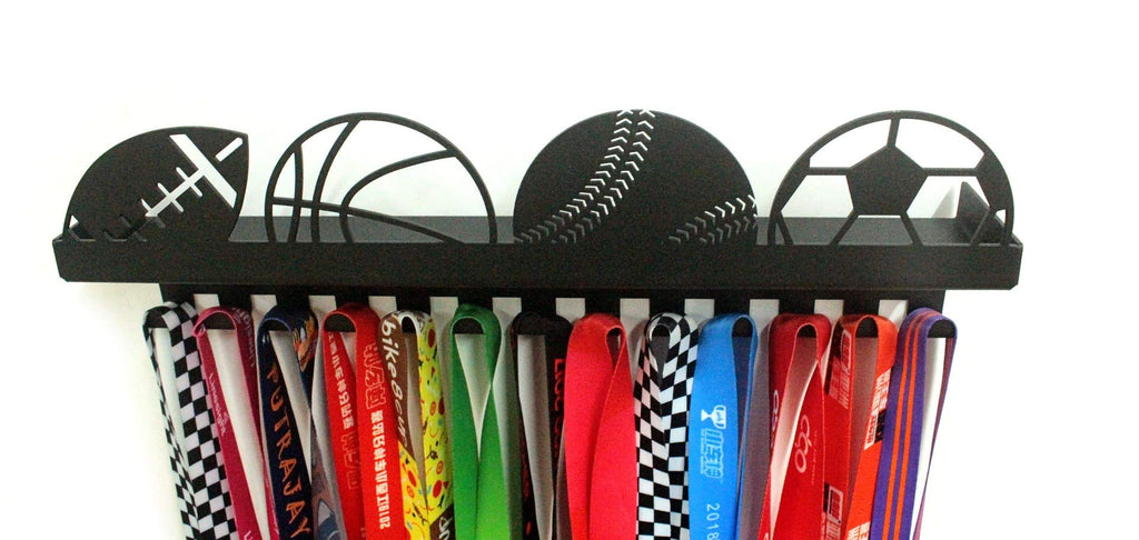 URBN BY MODERN HOME FINISHINGS Metal Wall Mount Sports Balls Design Kids & Adults Sports Medal Hanger Display, Ribbon Holder Rack with 3" Trophy Shelf Rack and Easy Hang Hooks, Black