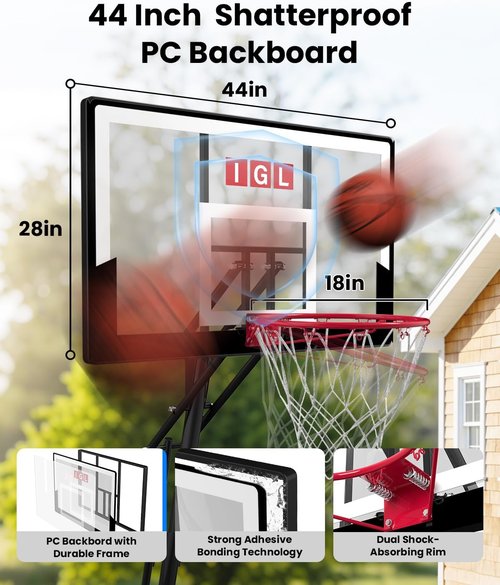 IGL Portable Basketball Hoop - Height Adjustable 5.5-10 FT | 40/44/48 Inch PC Backboard, Stable Design for Kids & Family