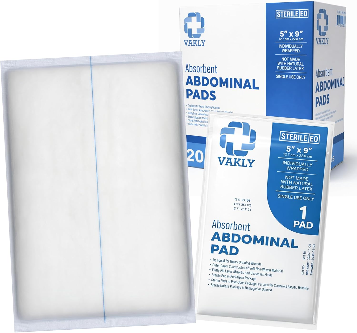 Vakly ABD Pads - Sterile 5x9 Abdominal Gauze Pads | High Absorbency Non-Adherent Wound Dressing (20 Pack)