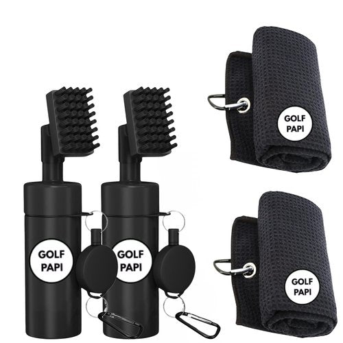 GOLF PAPI Golf Club Cleaner Brush Kit – 2 Pack Golf Club Cleaning Accessories Include Spray Bottles, Towels, Brush Covers & Retractable Clips – Must-Have Golf Gifts for Clean Shots - (Black - 2 Pack)