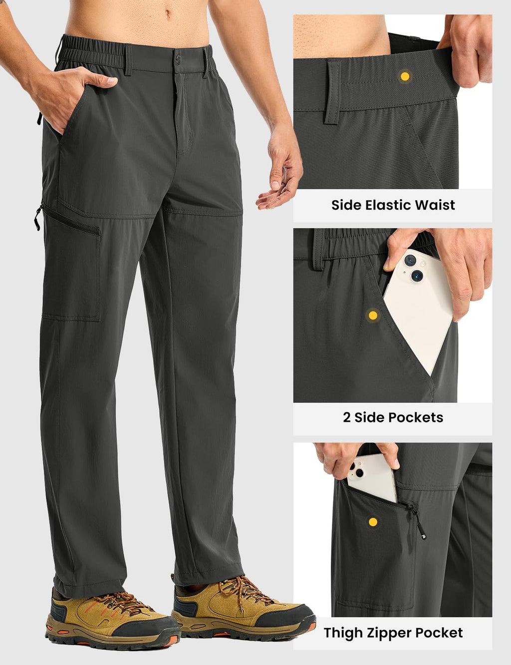 TBMPOY Men's Lightweight Hiking Pants Quick Dry 4 Pockets Stretch Water Resistant Travel Fishing Convertible Zip Cargo Jogger Dark Grey 34