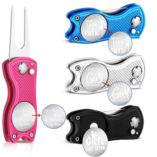 WinnerWhy 4 Pcs Golf Gifts for Women Golf Divot Repair Tool with Magnetic Button Ball Marker Divot Tool Stainless Steel Foldable Golf Divot Tool Golf Accessory for Woman Mom Golfers Golf Lover