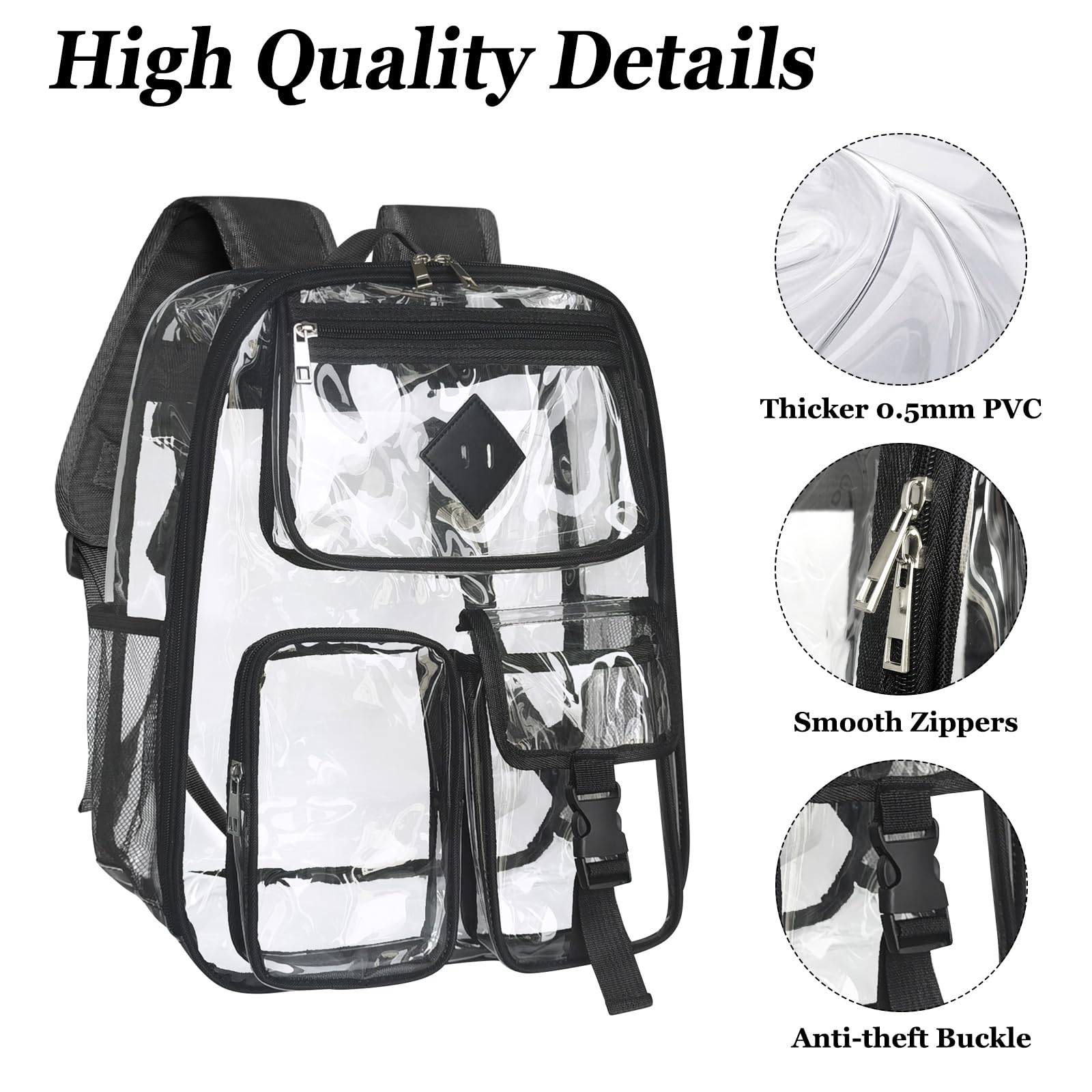 Clear Backpack Heavy Duty Large PVC Transparent See Through Backpacks Work Travel Stadium Approved Festival Backpack (Black)