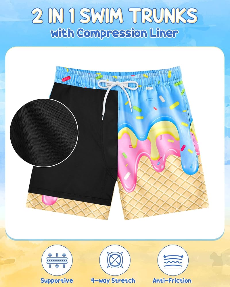 Summer Ice Cream 10-12 Years Boys Swim Trunks with Compression Liner, Quick-Dry Beach Shorts