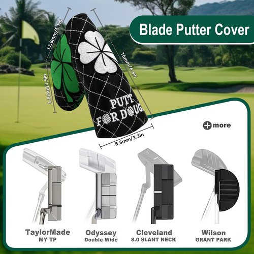 PINMEI Golf Head Covers Blade Putter Cover Blade Headcover Magnetic Embroidered Four-Leaf Clover Design Synthetic Lether Fit for Titleist Callaway Ping Taylormade Cobra Ect.
