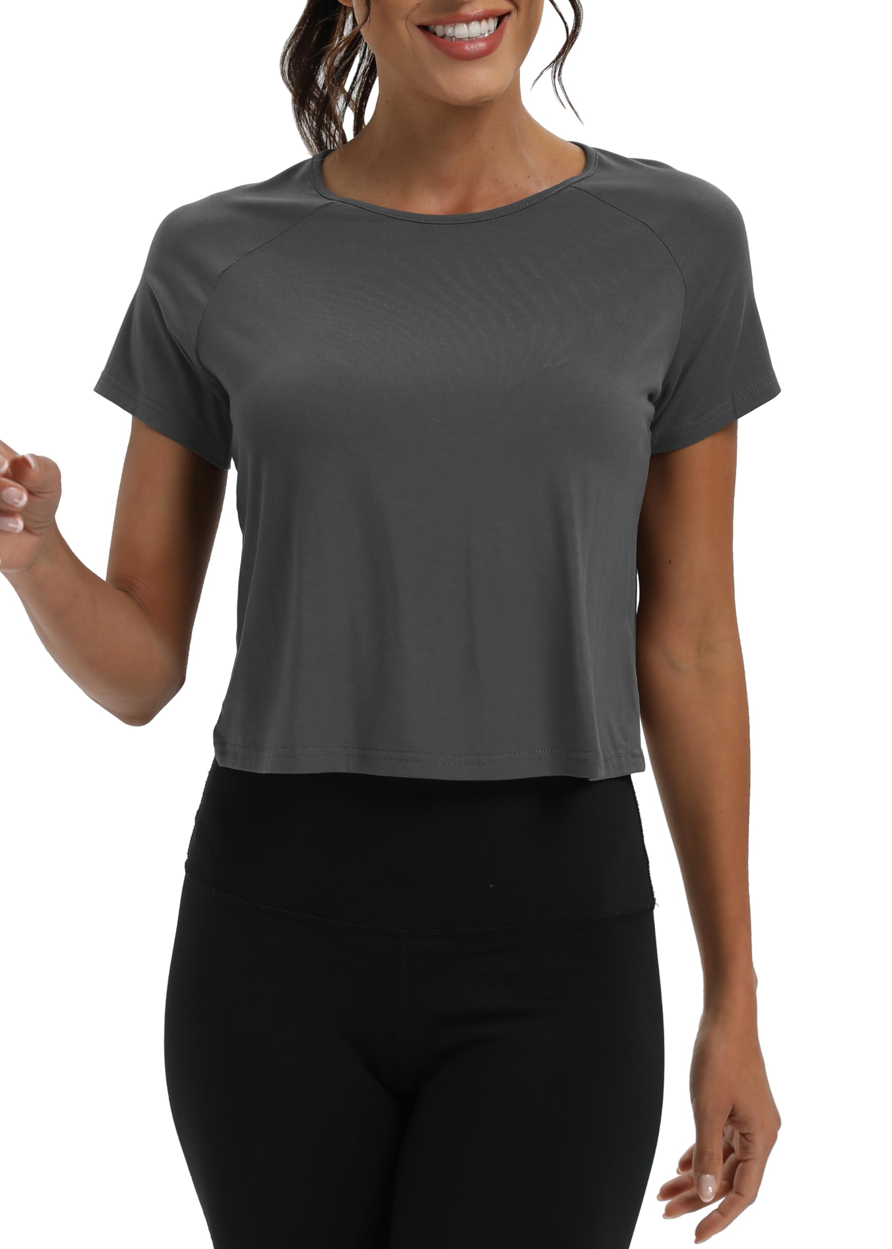 Mippo Short Sleeve Athletic Tops Workout Shirts Exercise Clothes Gym Crop Top Tshirts for Women Loose Fit Dark Gray M