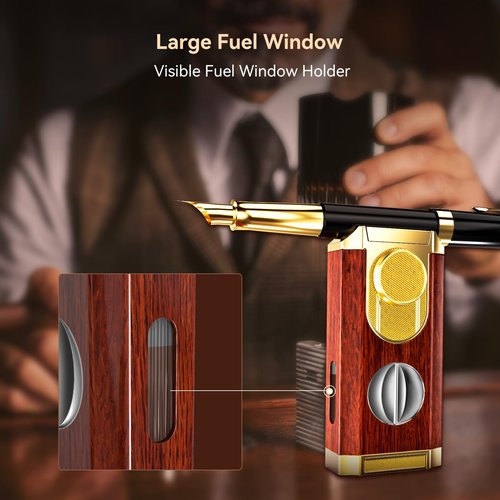 All-in-One Triple Torch Lighter, Built-in V Cutter, Holder, Adjustable Windproof Jet Flames Lighter, Refillable Butane Design, Ideal Gift for Men with Gift Box (Butane not Included)