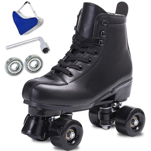 SCNUT Skates Women's Men's High Top Black PU Leather Classic Double Row Adjustable Outdoor Indoor Quad Skates and Roller Derby (Black Wheel, 45-Women's 11 / Men's 10)